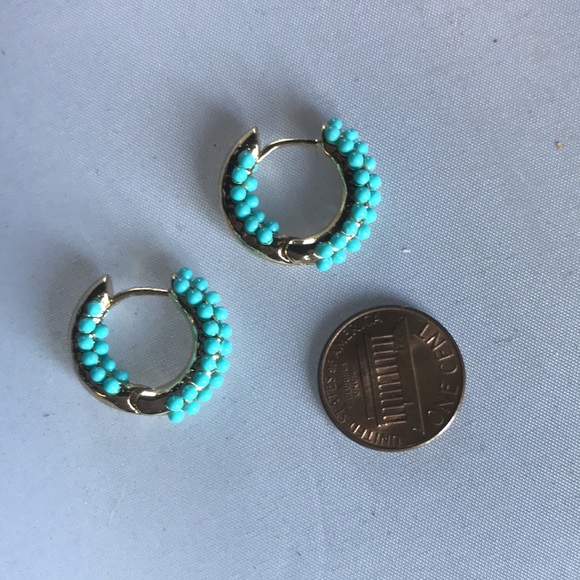 New! Gold Turquoise Bead Huggie Earrings - Picture 7 of 8